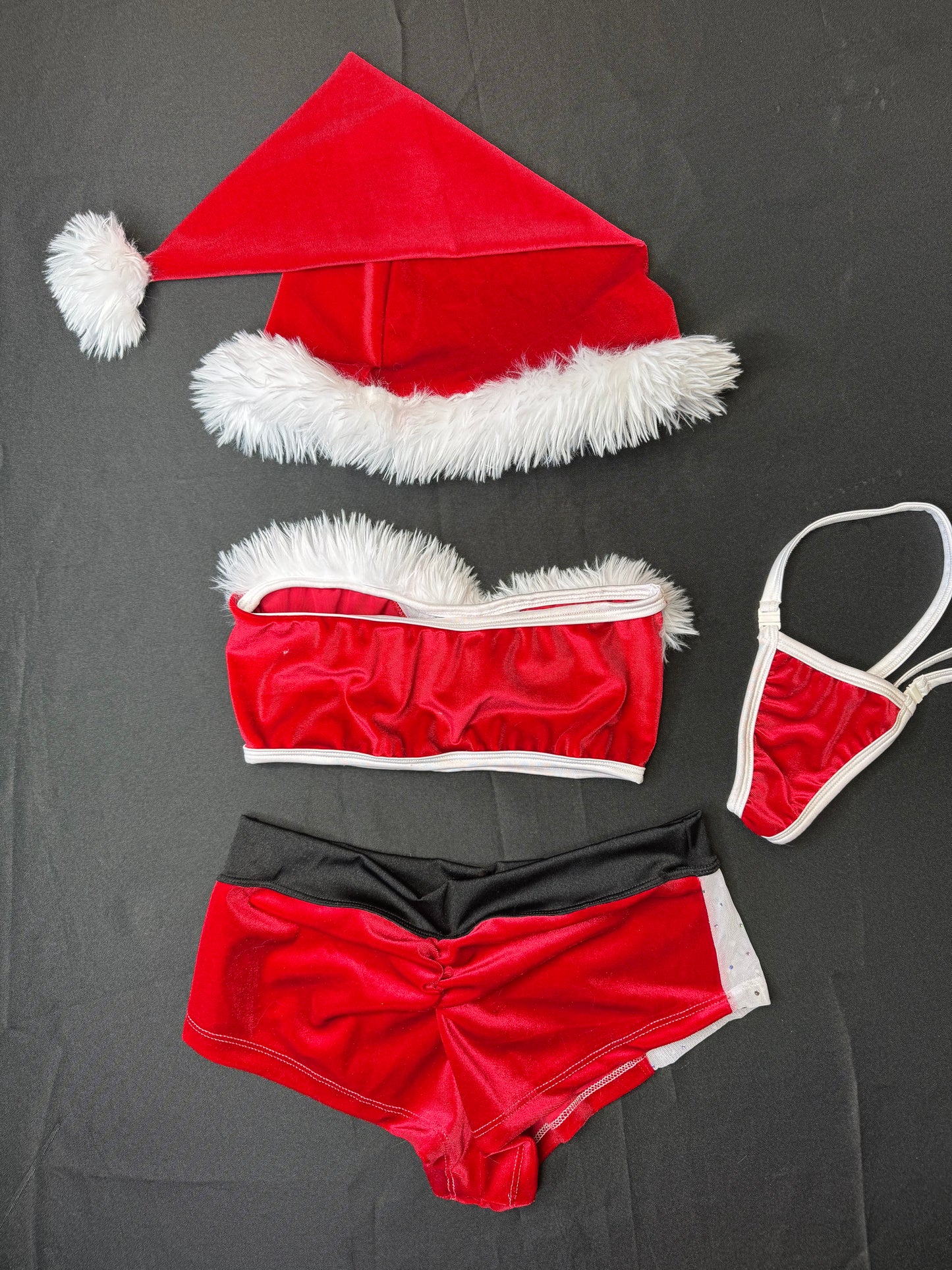 Red Velvet/White Mesh Tube Top/Shorts & Hat Christmas Lingerie Outfit