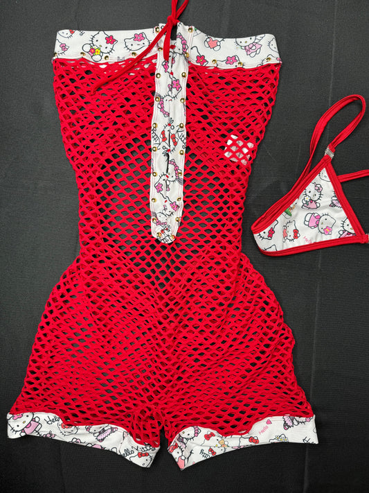 Red Fishnet/White Kitty One-Piece Exotic Dancer Outfit