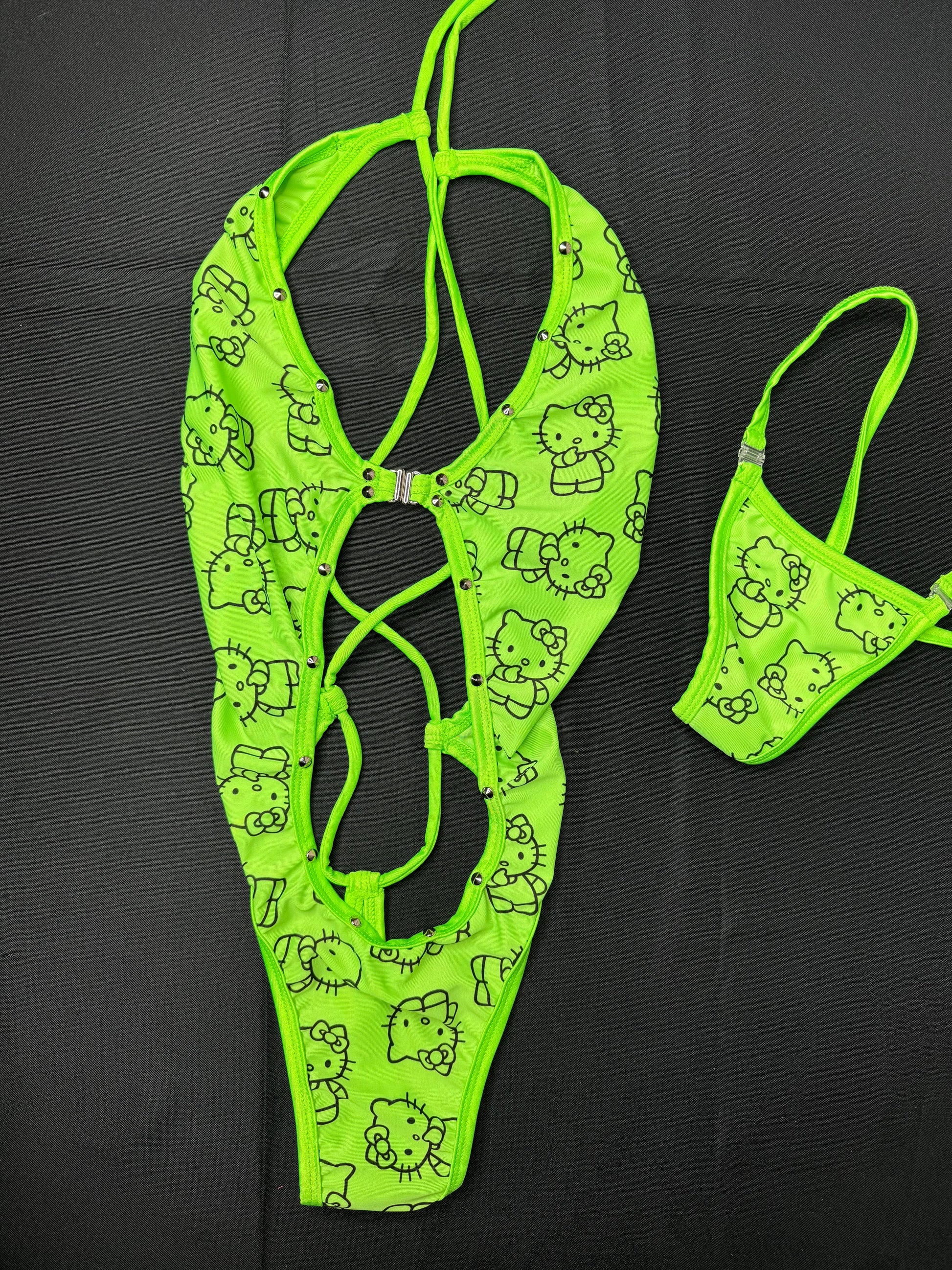 Neon Green One-Piece Front Clip Kitty Lingerie Outfit