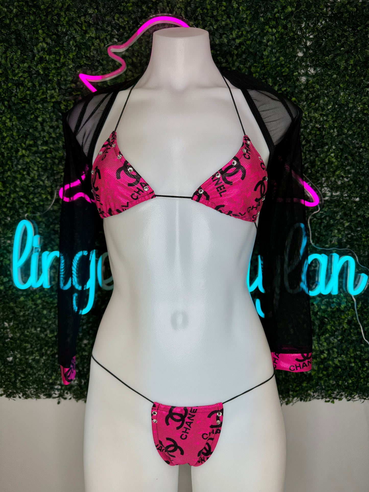 Holographic Hot Pink/Black Three-Piece Stripper Outfit