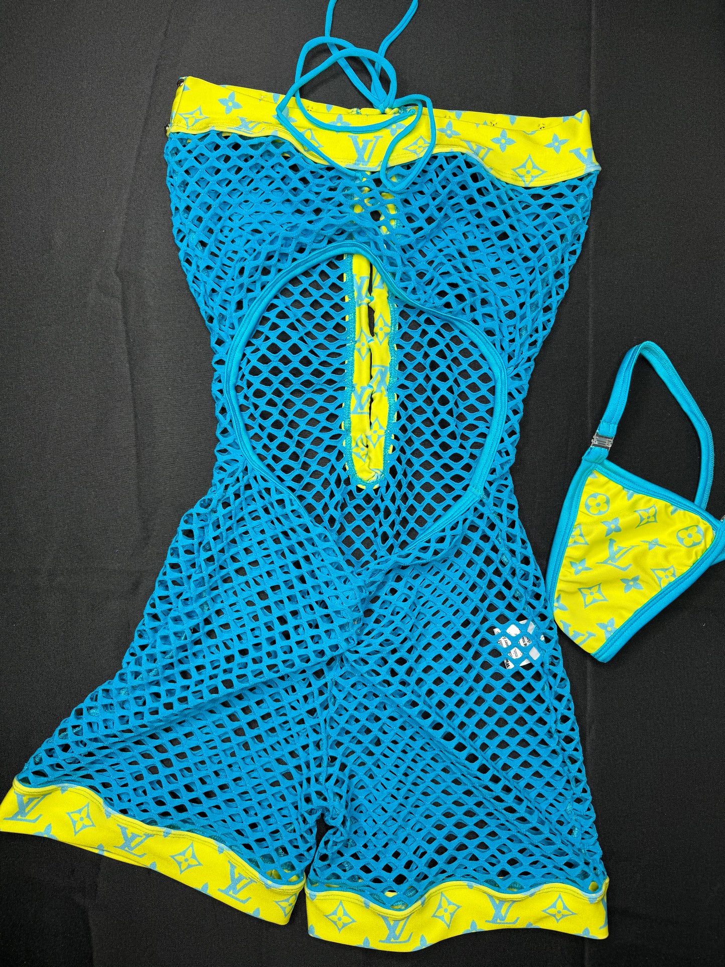 Yellow/Turquoise Fishnet One-Piece Exotic Dancer Outfit
