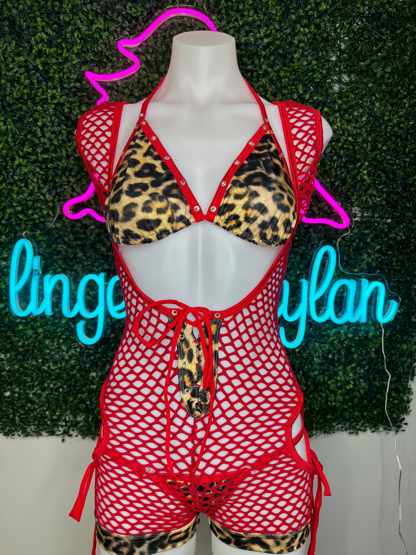 Cheetah Red Fishnet Romper Lingerie Exotic Dance wear