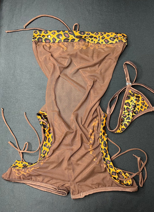 Animal Print/Mocha Mesh Romper One-Piece Lingerie Outfit