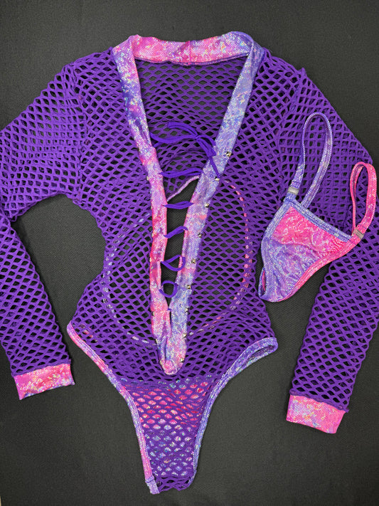 Metallic Pink & Purple/Purple Fishnet One-Piece Leotard Lingerie Outfit