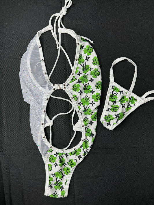 Saint Patrick’s Day White Mesh/Green One-Piece Exotic Dancer Outfit