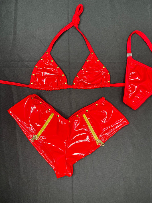 Red Latex/Gold Zipper Two-Piece Shorts Lingerie Outfit