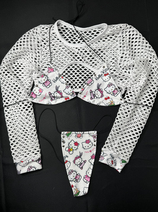 White Kitty Long Sleeve Three-Piece Stripper Outfit