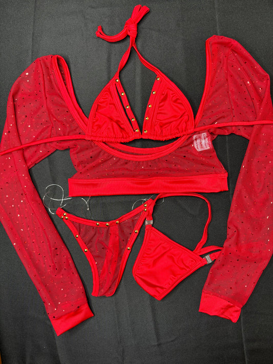 Red Sparkle Mesh Three-Piece Exotic Dancer Outfit