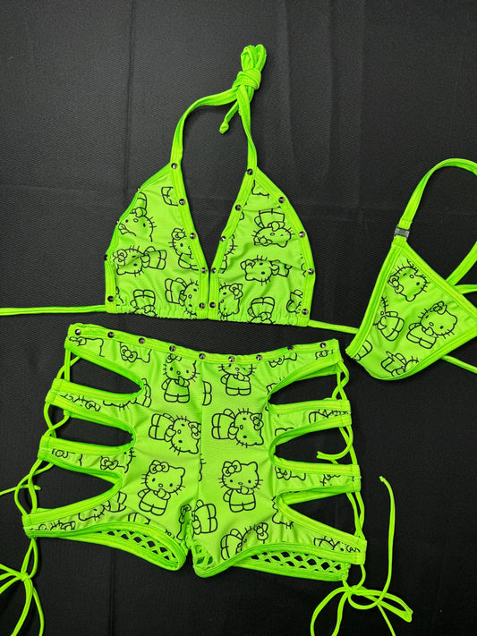 Neon Yellow Two-Piece Kitty Exotic Dancer Outfit