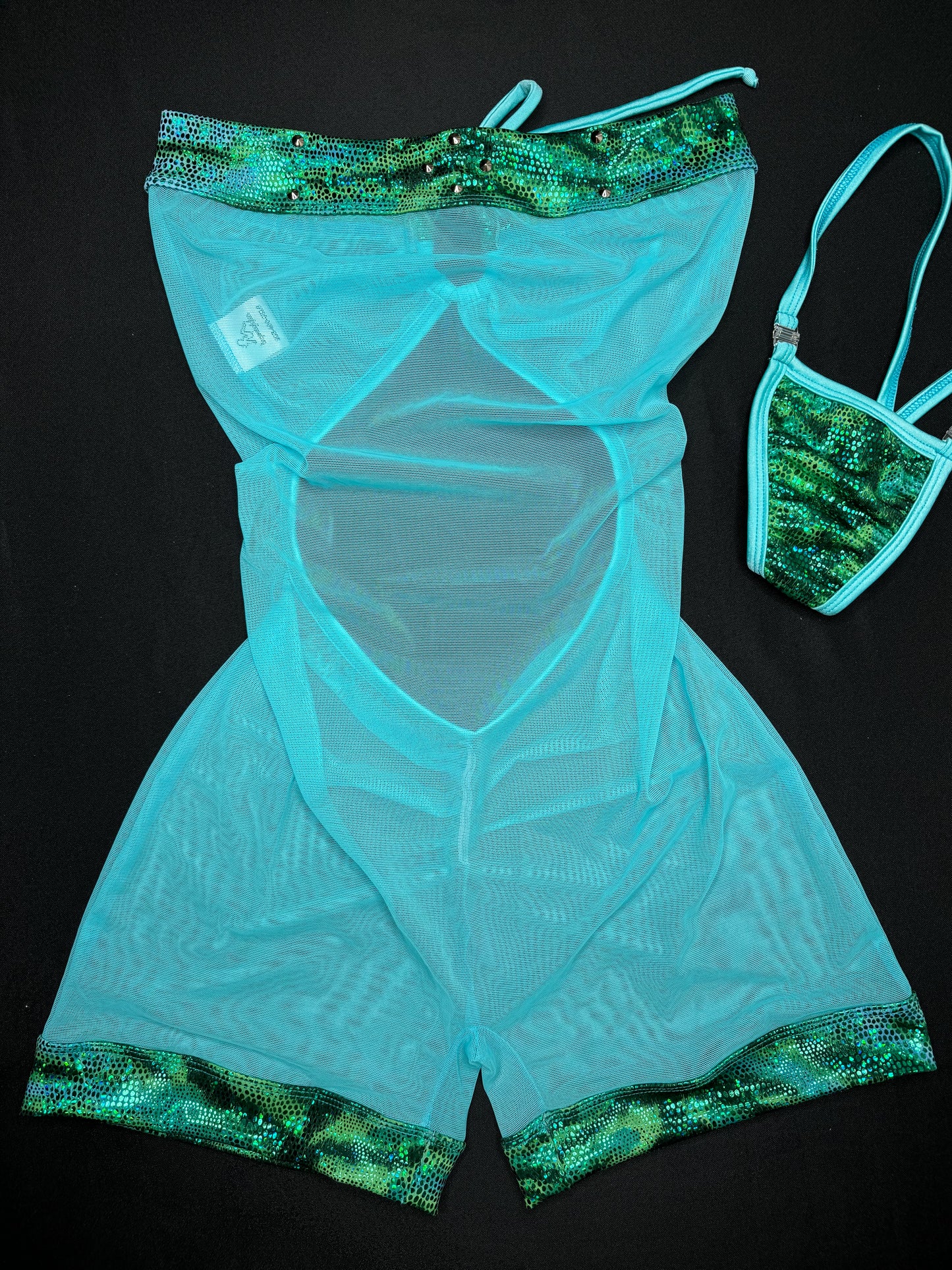 Metallic Green/Blue Mesh One-Piece Lingerie Outfit