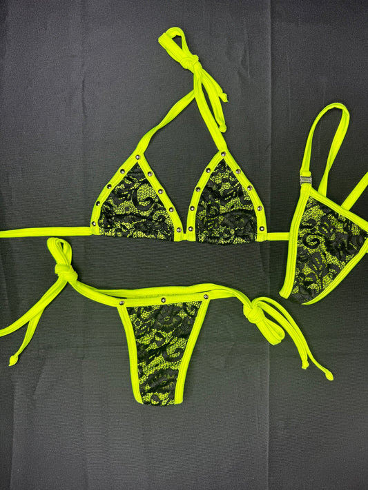 Black Lace/Neon Yellow Two-Piece Side-Tie Lingerie Bikini Outfit