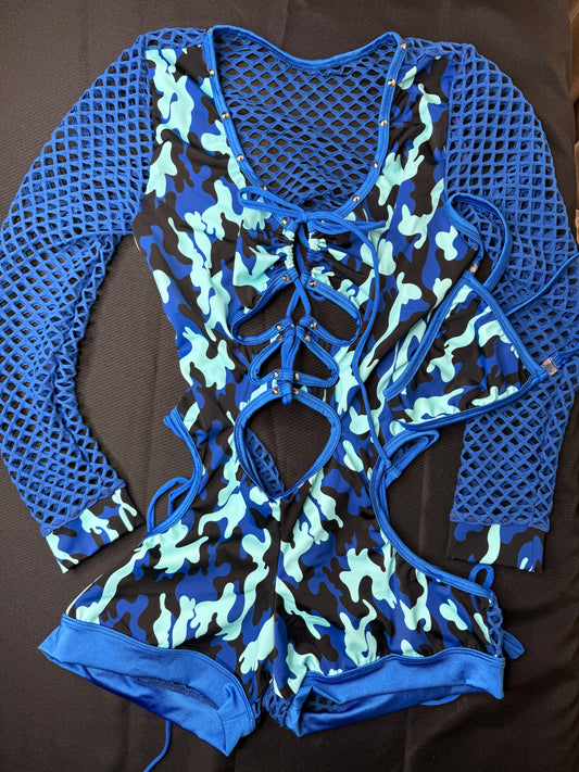 Blue Camouflage/Royal Blue Fishnet Bartender Romper Outfit