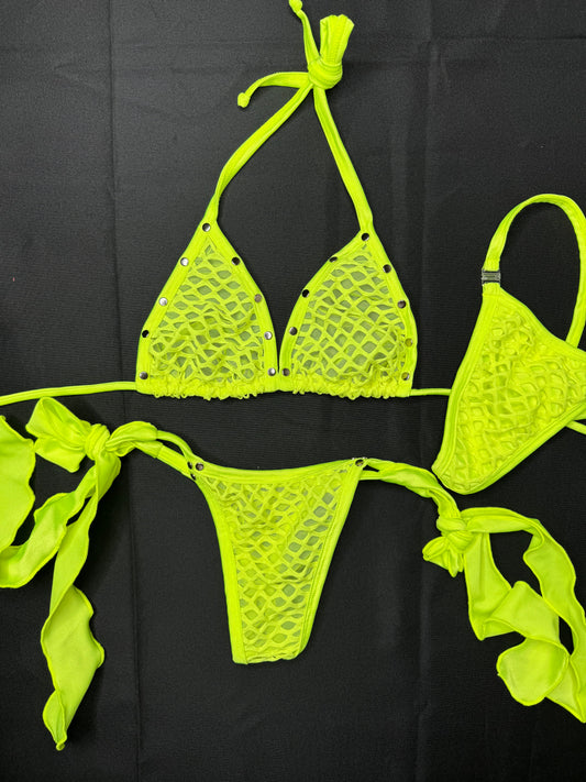 Neon Yellow Two-Piece Exotic Dancer Side-Tie Bikini Outfit