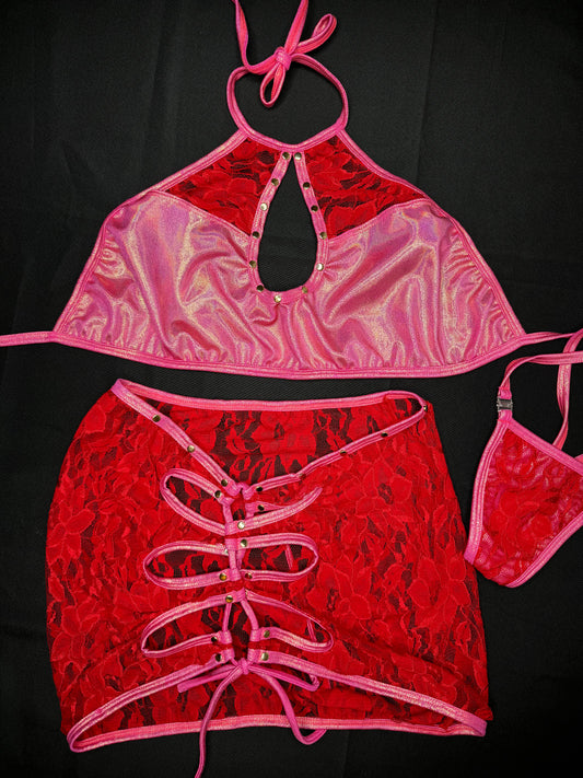 Red Lace/Metallic Hot Pink Three-Piece Lingerie Outfit