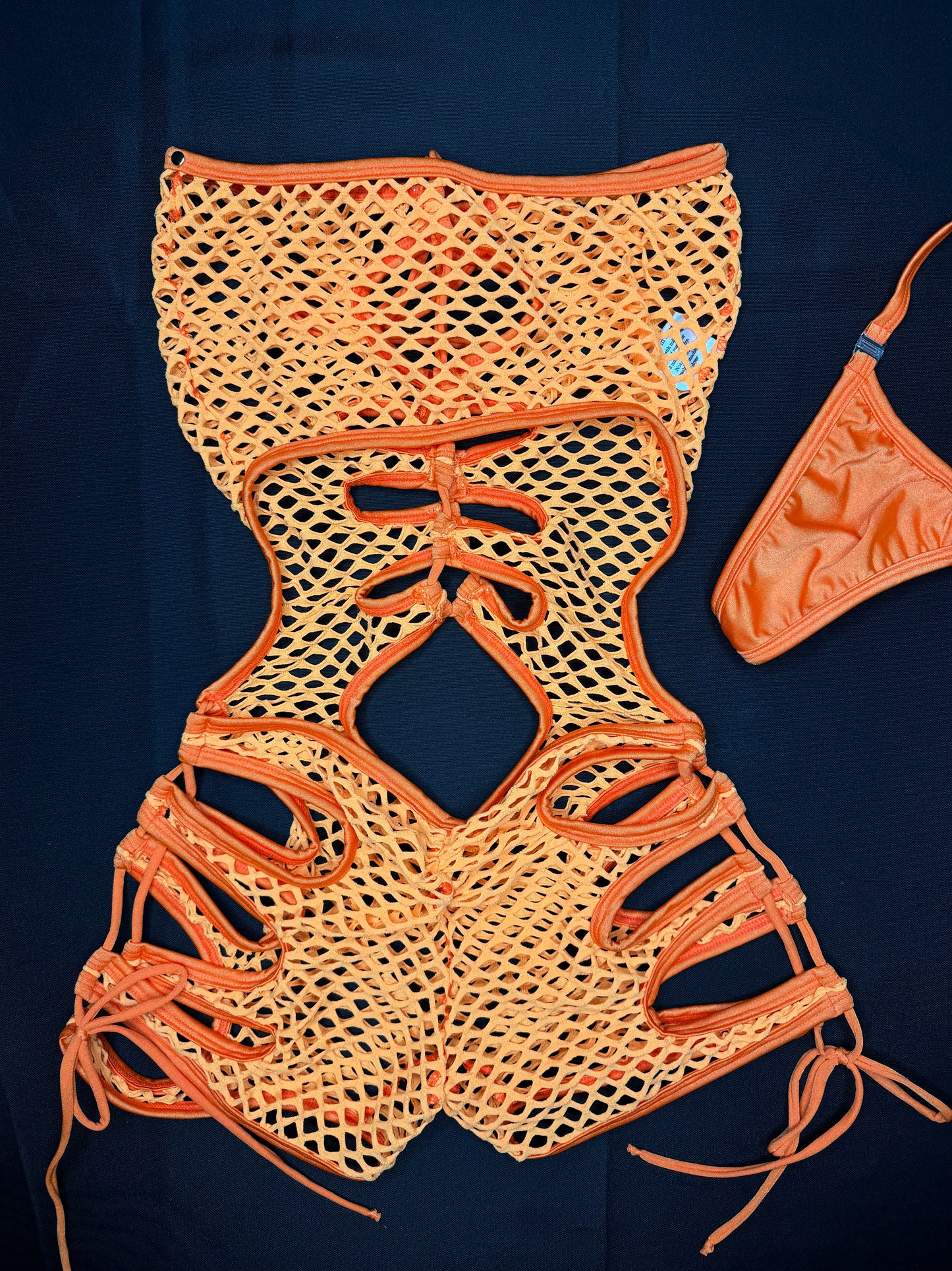 Orange Fishnet One-Piece Lingerie Outfit