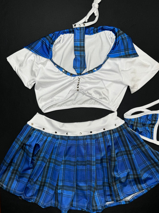 Blue/White Plaid Two-Piece School Girl Skirt Lingerie Outfit