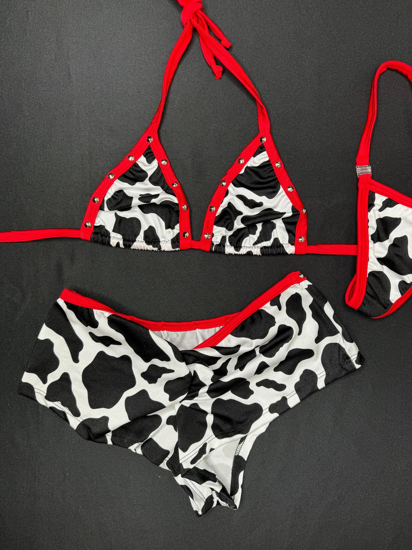 Red/White Cow Print Two-Piece Bikini Top/Shorts Lingerie Outfit