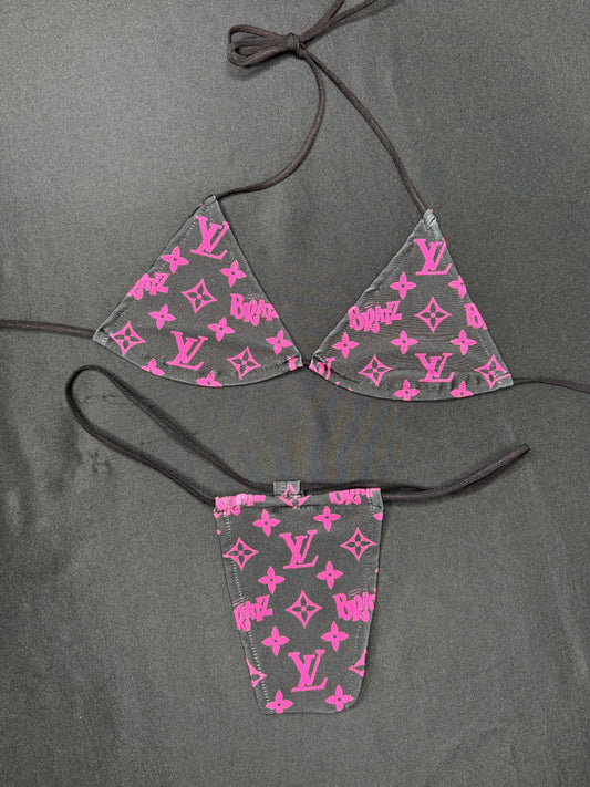 Pink/Black Two-Piece Micro Bikini Lingerie Outfit