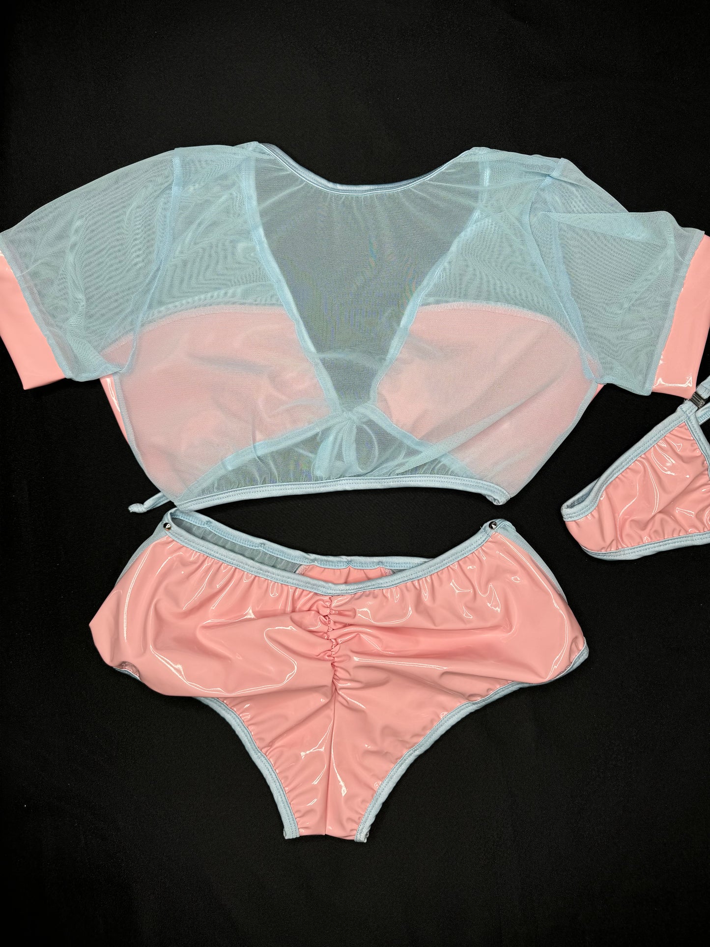 Baby Pink Latex/Baby Blue Mesh Two -Piece Short-Sleeve/Shorts Lingerie Outfit