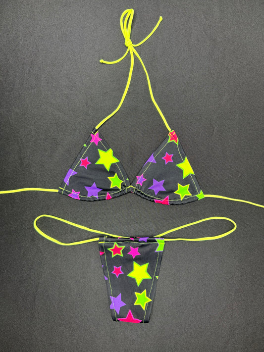 Neon Yellow/Star Print Two-Piece Micro Bikini Lingerie Outfit