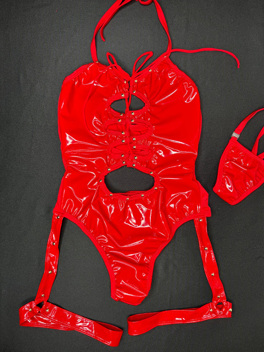 Red Latex Leotard/Garters One-Piece Lingerie Outfit