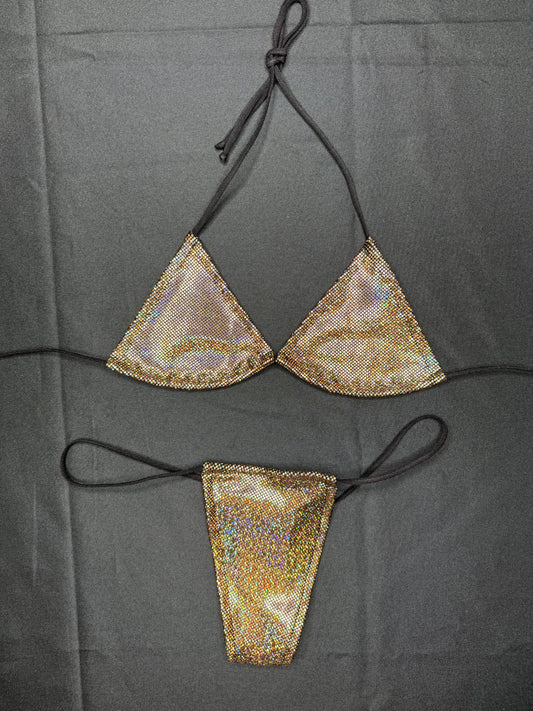 Metallic Gold/Black Two-Piece Micro Bikini Lingerie Outfit