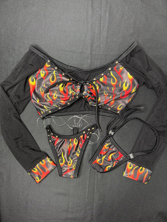 Black/Holographic Red Flame Two-Piece Lingerie Outfit