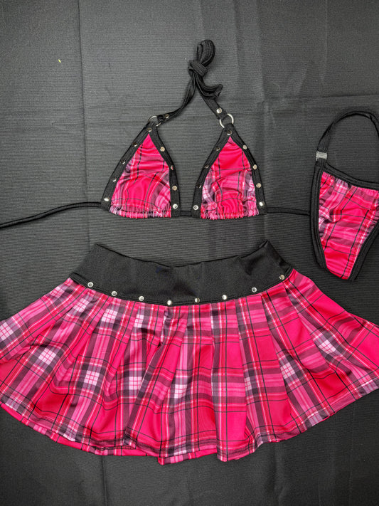 School Girl Pink/Black Plaid Two-Piece Skirt Lingerie Costume Outfit