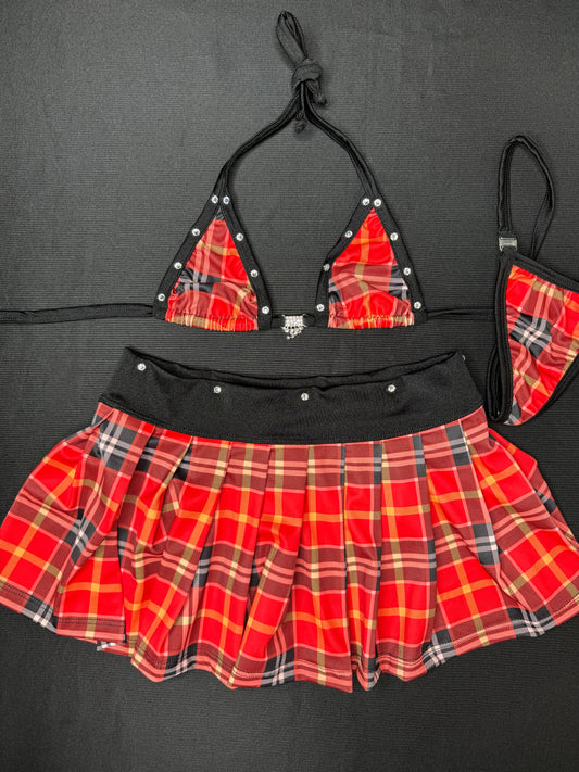 Red Plaid Two-Piece School Girl Skirt Lingerie Outfit