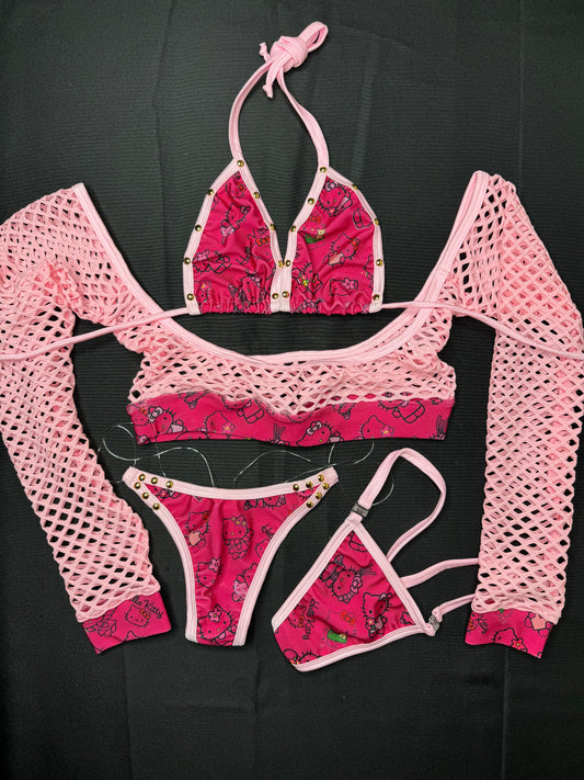 Hot Pink Kitty/Baby Pink Fishnet Three-Piece Exotic Dance Wear Outfit