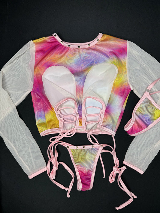 Rainbow Holographic Spandex/Pink Mesh Long Sleeve Mesh Top/Side-Tie Bikini Bottoms Lingerie Outfit