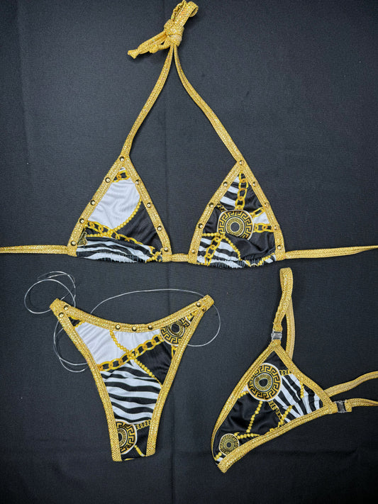 Metallic Gold Zebra Chain Two-Piece Bikini Lingerie Outfit