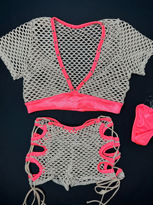 Coral Microdot/Beigh Fishnet Two-Piece Lingerie Outfit