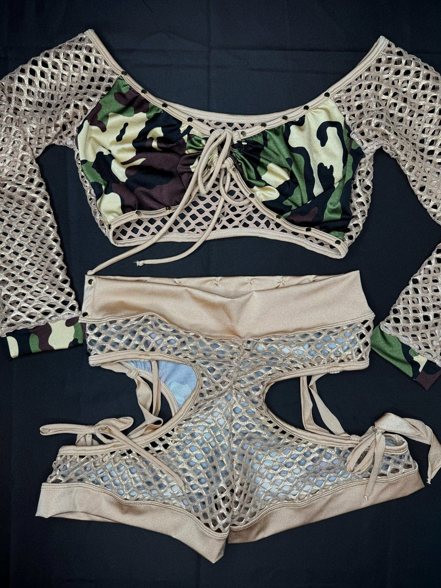 Camouflage/Gold Fishnet Long Sleeve/Shorts Two-Piece Exotic Dancer Outfit