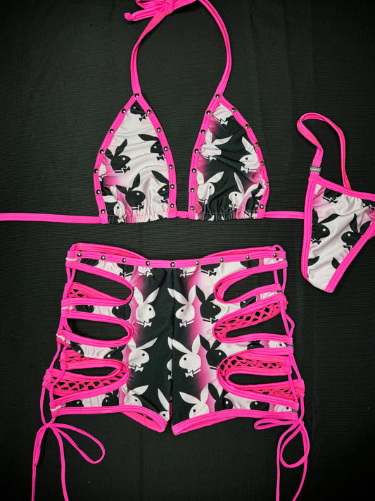 Hot Pink/Black Bunny Two-Piece Shorts Lingerie Outfit