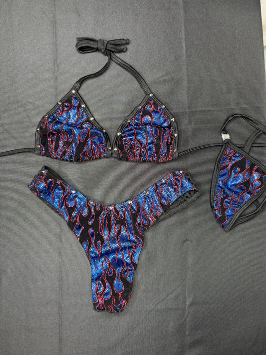 Blue Glitter Flame Cheeky Thong Two-Piece Bikini Exotic Dancer Outfit