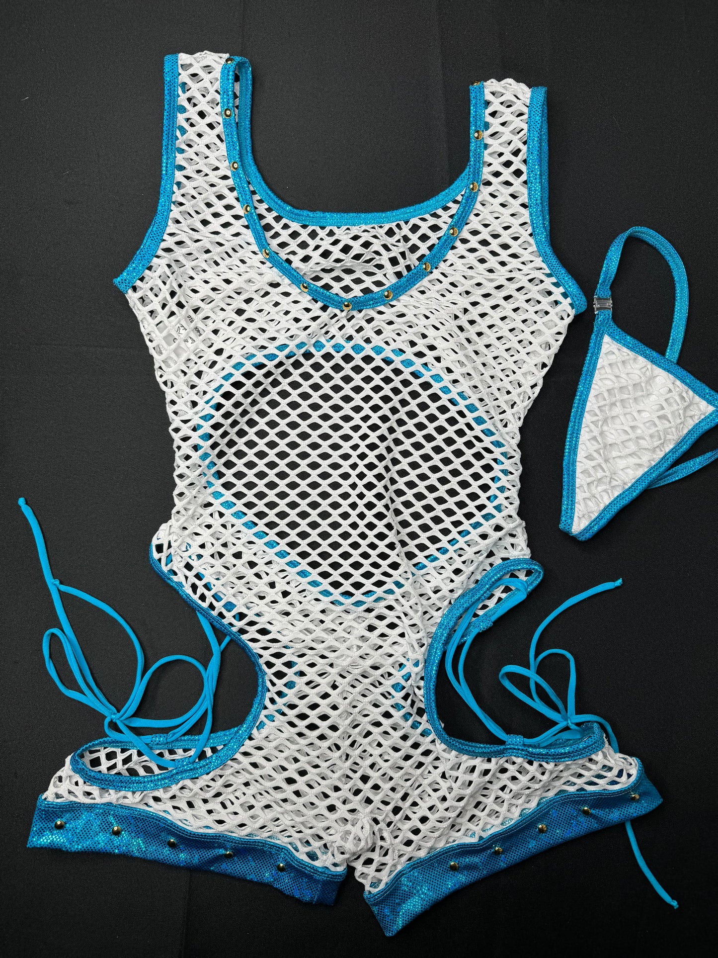 Metallic Turquoise/White Fishnet One-Piece Romper Exotic Dancer Outfit