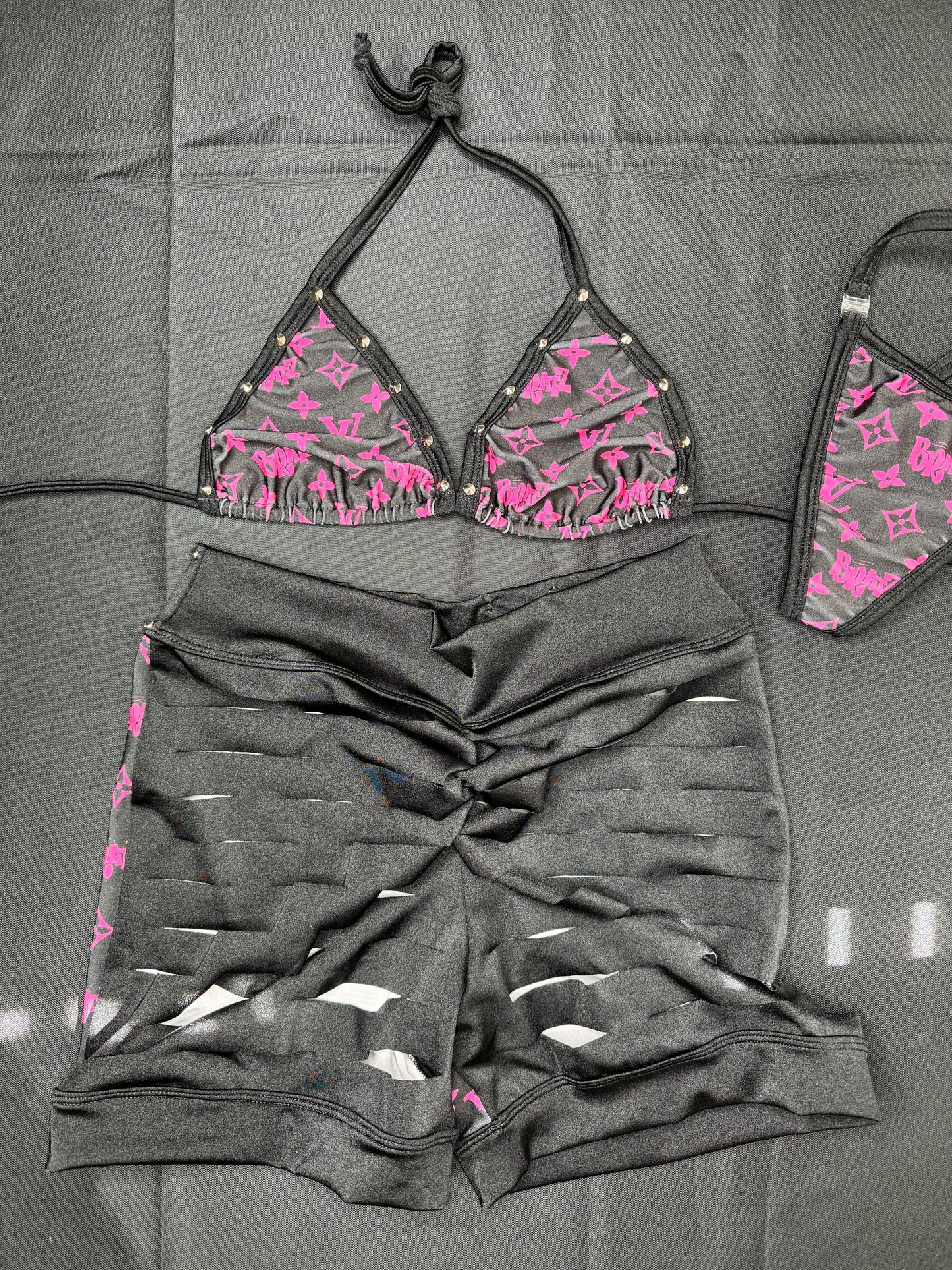 Hot Pink/Black Two-Piece Ripped Back Shorts Exotic Dancer Outfit