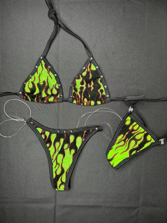 Neon Green Glitter Flame Mesh Two-Piece Bikini Outfit