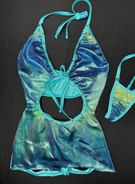 Navy/Cyan Ombré One-Piece Ripped Back Lingerie Outfit