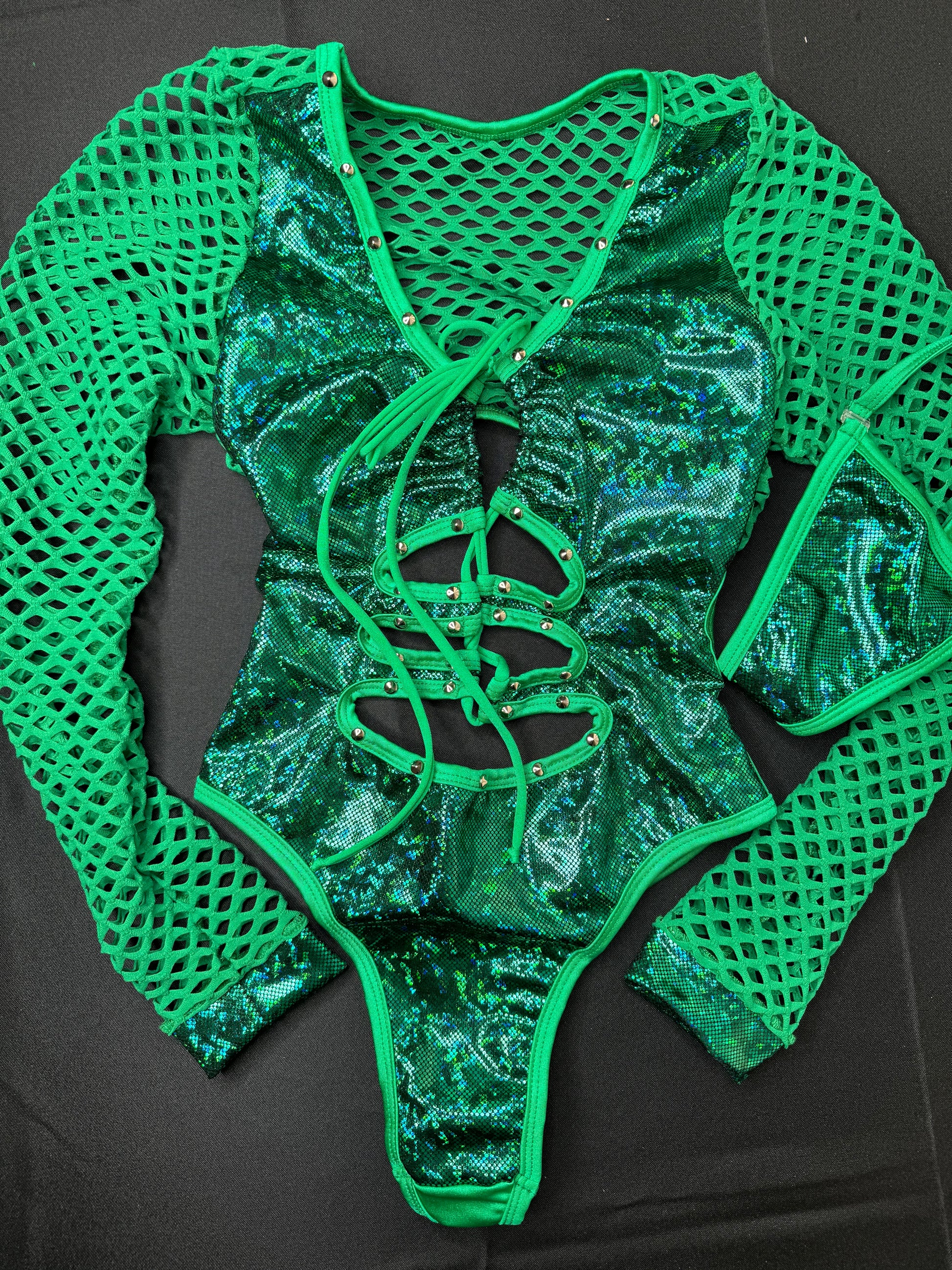 Metallic Green/Green Fishnet Saint Patrick’s Leotard One-Piece Outfit