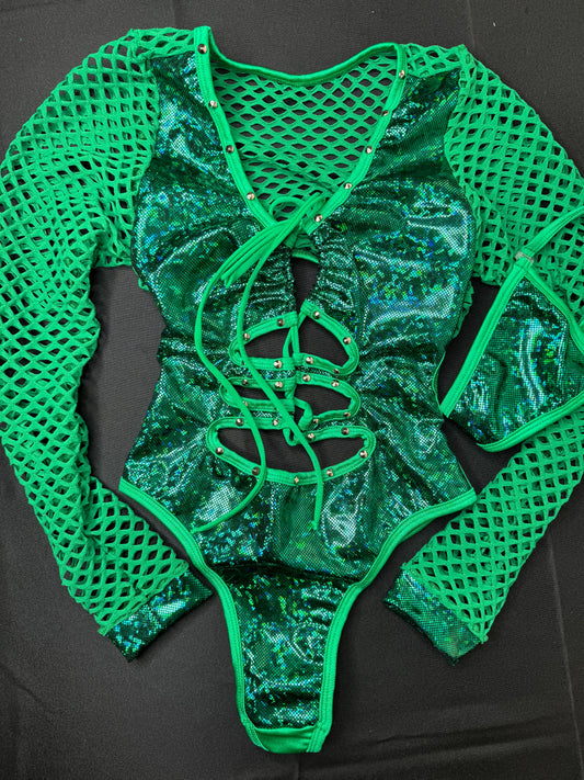 Metallic Green/Green Fishnet Saint Patrick’s Leotard One-Piece Outfit