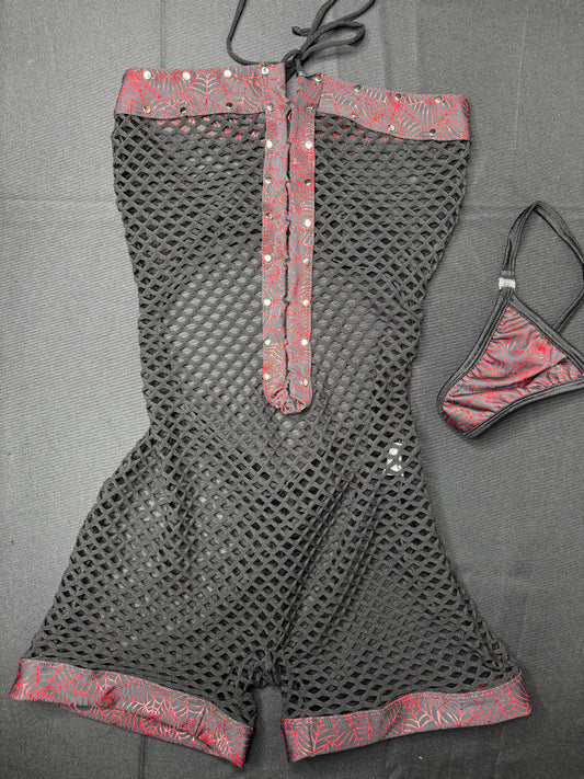 Red Web/Black Fishnet One-Piece Exotic Dancer Outfit