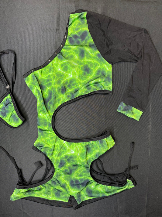 Neon Green/Black Single Sleeve One-Piece Romper Lingerie Outfit