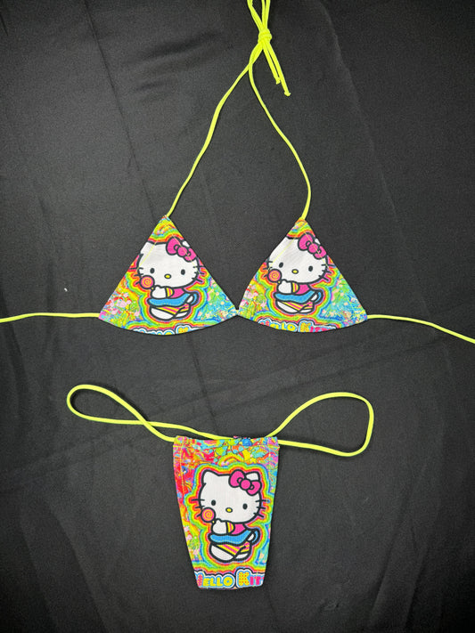 Neon Yellow Kitty Two-Piece Micro Bikini Outfit