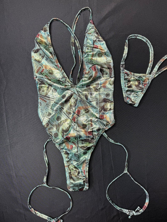 Holographic Money Print One-Piece Lingerie Outfit