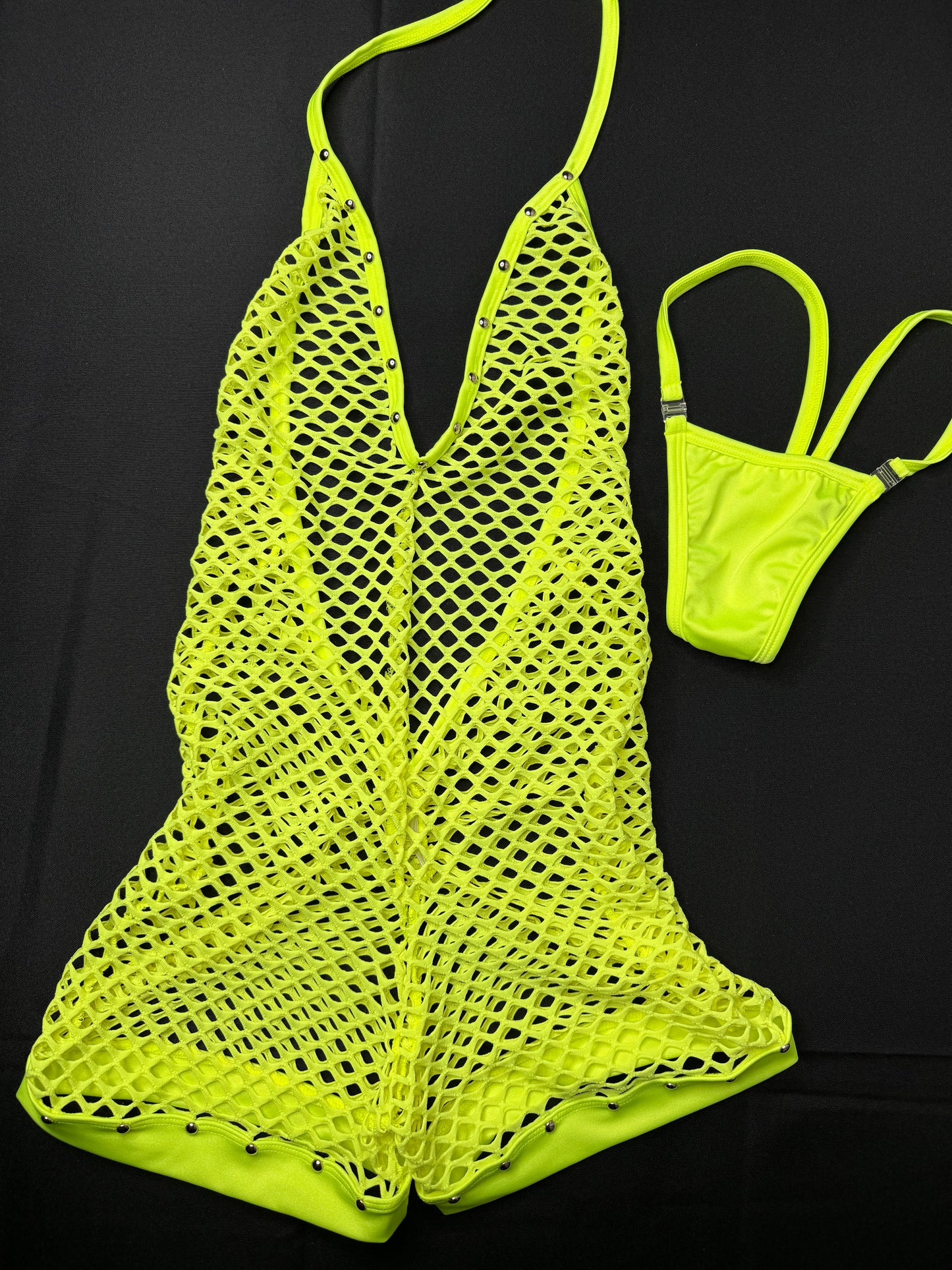 Neon Yellow One-Piece Fishnet Outfit