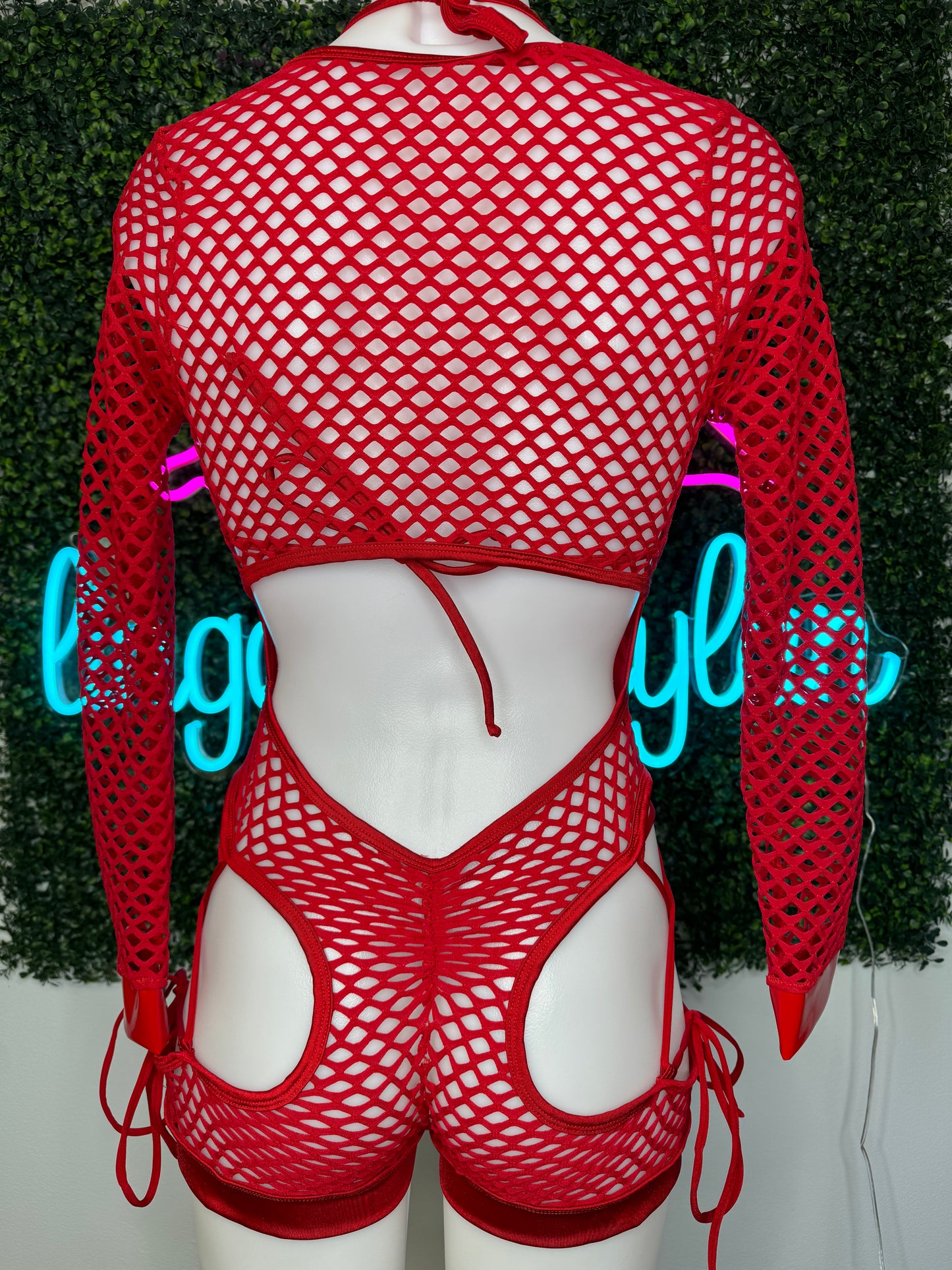 Red Latex/Fishnet Valentines Day Bartender Romper Outfit