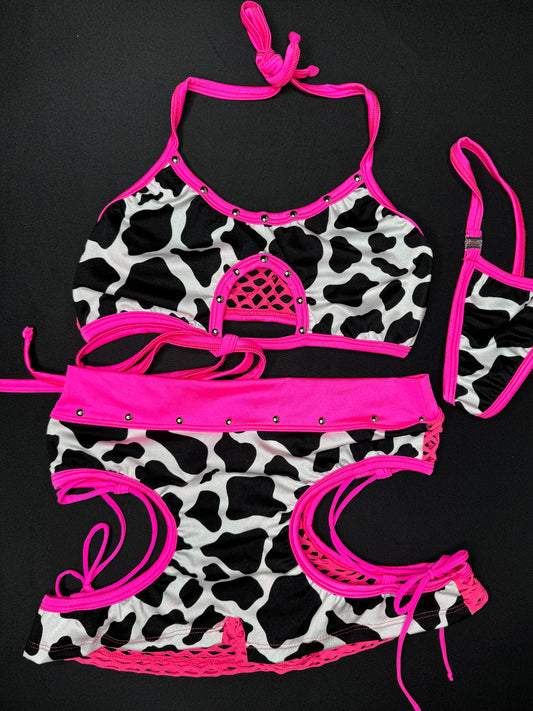 Cow Print/Hot Pink Fishnet Two-Piece Shorts/Sports Bra Lingerie Outfit