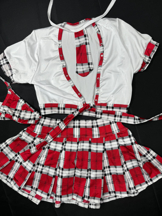 Red Plaid School Girl Lingerie Skirt Outfit